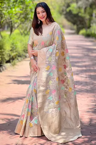 grey weaving meenakari jaal designer organza saree with blouse piece