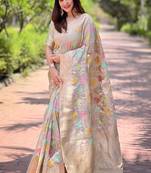 grey weaving meenakari jaal designer organza saree with blouse piece