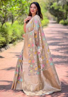 grey weaving meenakari jaal designer organza saree with blouse piece 2