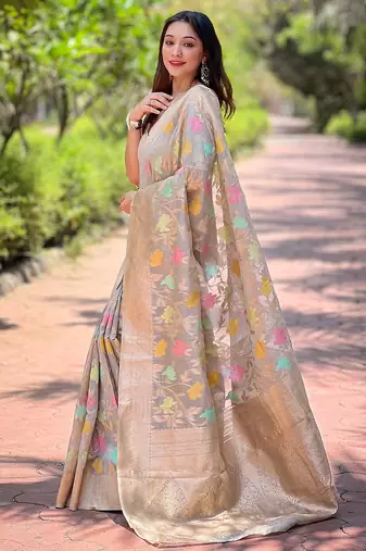 grey weaving meenakari jaal designer organza saree with blouse piece