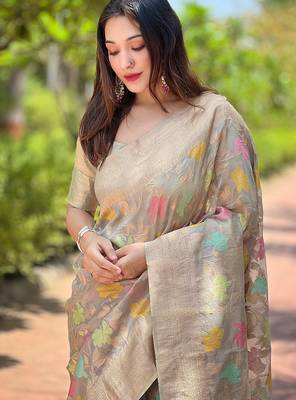 grey weaving meenakari jaal designer organza saree with blouse piece 3