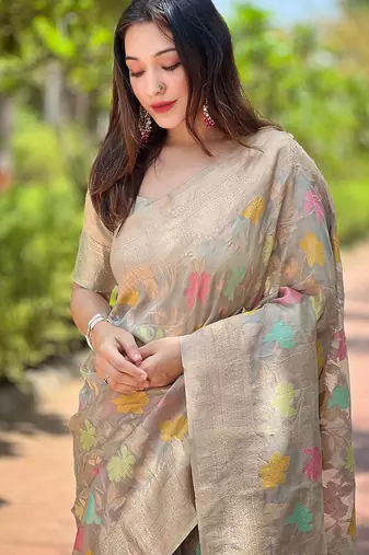 grey weaving meenakari jaal designer organza saree with blouse piece