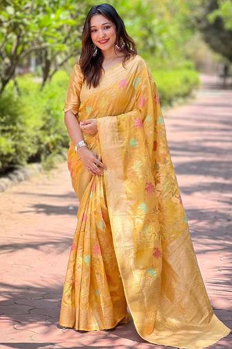 mustard weaving meenakari jaal designer organza saree with blouse piece