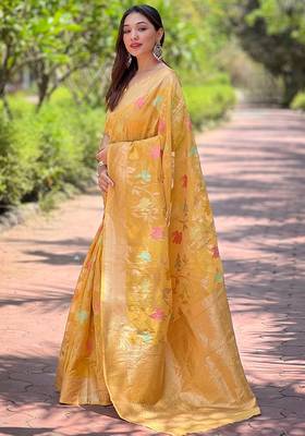 mustard weaving meenakari jaal designer organza saree with blouse piece 2