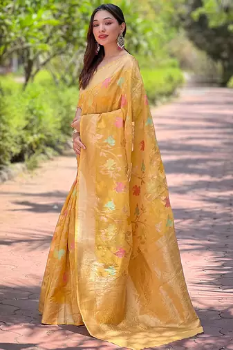 mustard weaving meenakari jaal designer organza saree with blouse piece