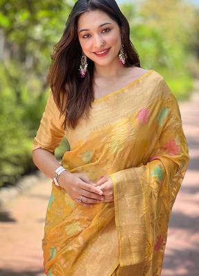 mustard weaving meenakari jaal designer organza saree with blouse piece 3