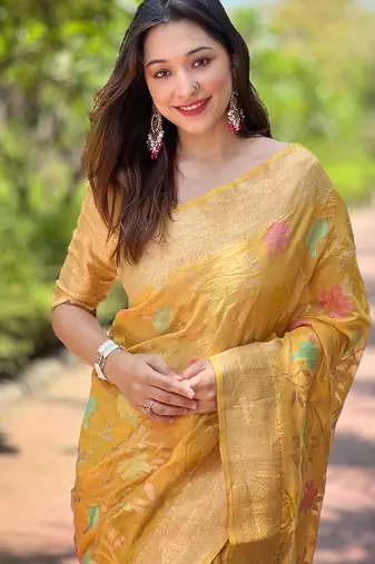 mustard weaving meenakari jaal designer organza saree with blouse piece