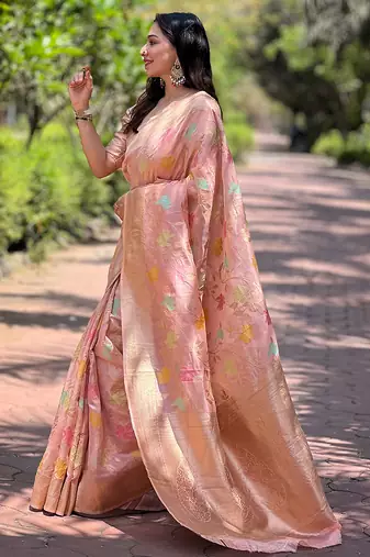 pink weaving meenakari jaal designer organza saree with blouse piece