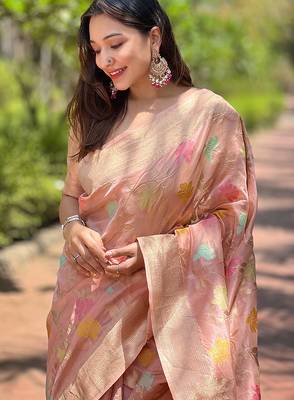 pink weaving meenakari jaal designer organza saree with blouse piece 3