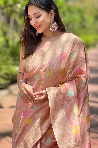 pink weaving meenakari jaal designer organza saree with blouse piece