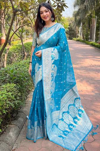 blue Woven rainbow jari designer organza saree with blouse piece