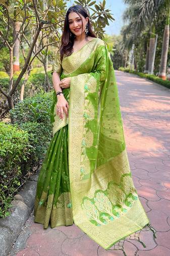 green Woven rainbow jari designer organza saree with blouse piece