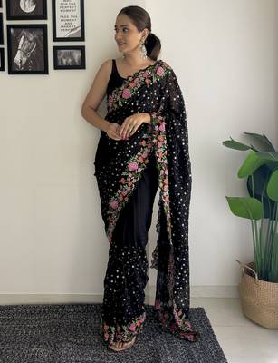 black thread,sequance embroidery work georgette saree with blouse piece 1