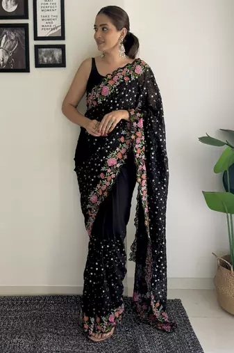 black thread,sequance embroidery work georgette saree with blouse piece