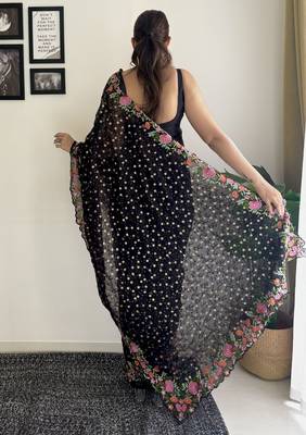 black thread,sequance embroidery work georgette saree with blouse piece 2