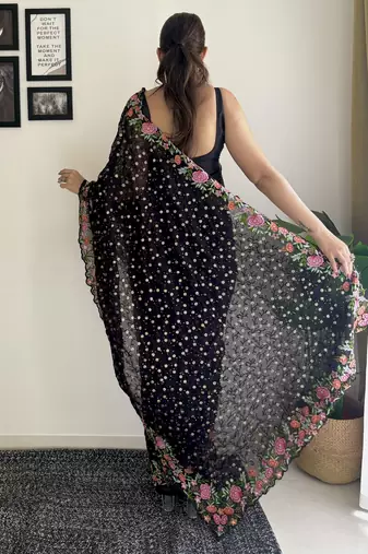 black thread,sequance embroidery work georgette saree with blouse piece
