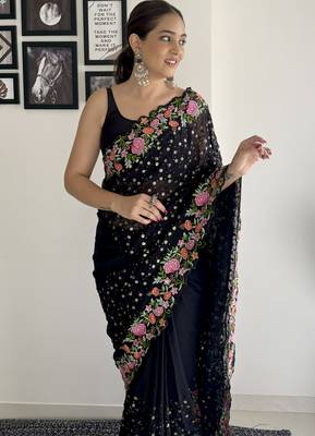 black thread,sequance embroidery work georgette saree with blouse piece 3