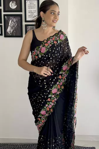 black thread,sequance embroidery work georgette saree with blouse piece