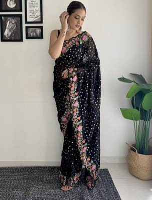 black thread,sequance embroidery work georgette saree with blouse piece 4