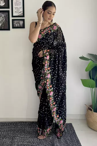 black thread,sequance embroidery work georgette saree with blouse piece