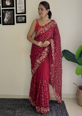 maroon thread,sequance embroidery work georgette saree with blouse piece 1