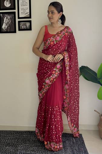 maroon thread,sequance embroidery work georgette saree with blouse piece