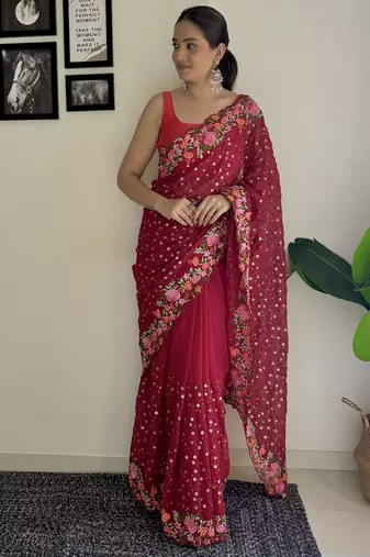 maroon thread,sequance embroidery work georgette saree with blouse piece