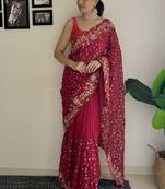 maroon thread,sequance embroidery work georgette saree with blouse piece