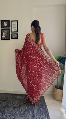 maroon thread,sequance embroidery work georgette saree with blouse piece 2
