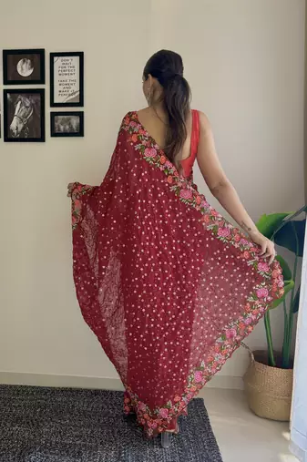 maroon thread,sequance embroidery work georgette saree with blouse piece