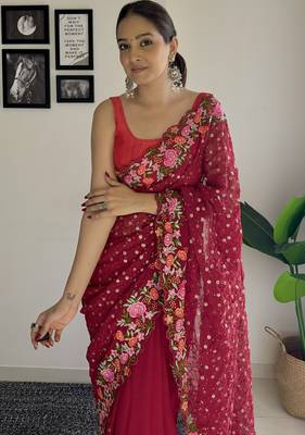 maroon thread,sequance embroidery work georgette saree with blouse piece 3