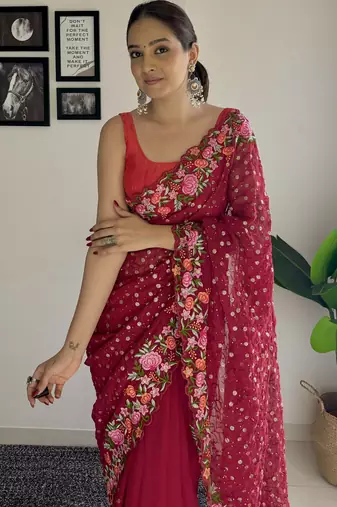 maroon thread,sequance embroidery work georgette saree with blouse piece