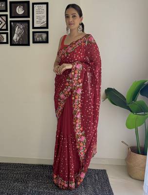 maroon thread,sequance embroidery work georgette saree with blouse piece 4