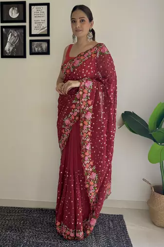 maroon thread,sequance embroidery work georgette saree with blouse piece