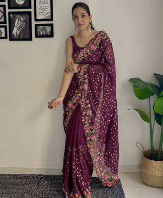 wine thread,sequance embroidery work georgette saree with blouse piece 1