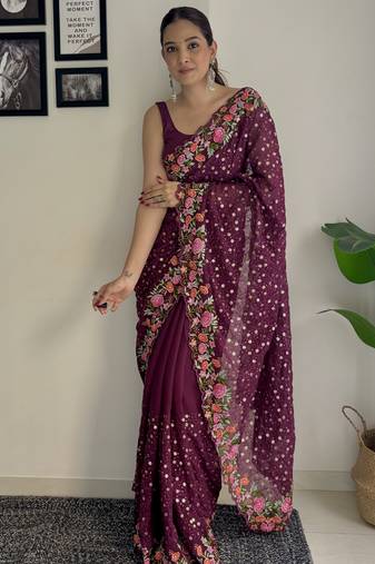 wine thread,sequance embroidery work georgette saree with blouse piece