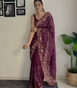 wine thread,sequance embroidery work georgette saree with blouse piece