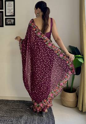 wine thread,sequance embroidery work georgette saree with blouse piece 2