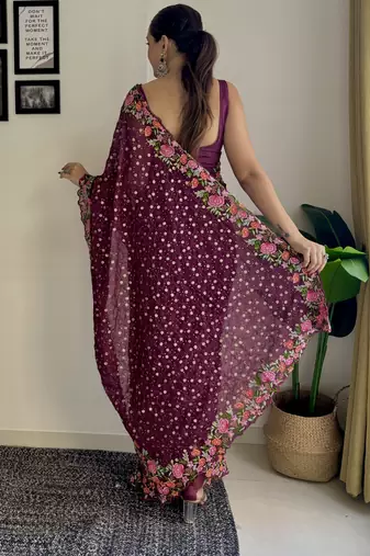 wine thread,sequance embroidery work georgette saree with blouse piece