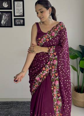 wine thread,sequance embroidery work georgette saree with blouse piece 3