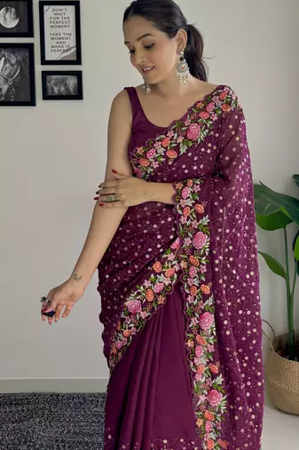 wine thread,sequance embroidery work georgette saree with blouse piece