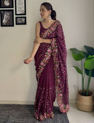 wine thread,sequance embroidery work georgette saree with blouse piece 4