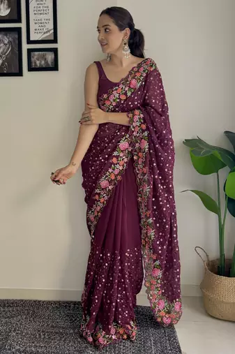 wine thread,sequance embroidery work georgette saree with blouse piece