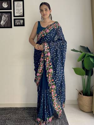 blue thread,sequance embroidery work georgette saree with blouse piece 1