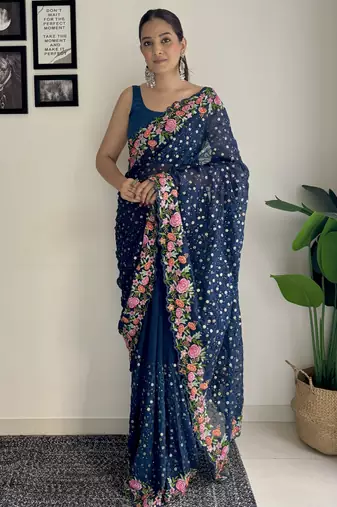 blue thread,sequance embroidery work georgette saree with blouse piece