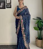 blue thread,sequance embroidery work georgette saree with blouse piece