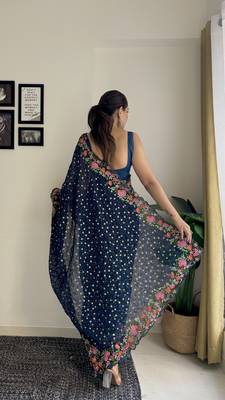 blue thread,sequance embroidery work georgette saree with blouse piece 2