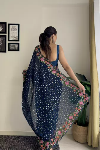 blue thread,sequance embroidery work georgette saree with blouse piece