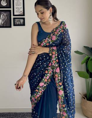 blue thread,sequance embroidery work georgette saree with blouse piece 3