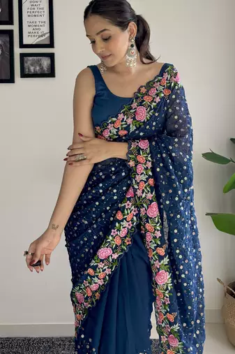blue thread,sequance embroidery work georgette saree with blouse piece